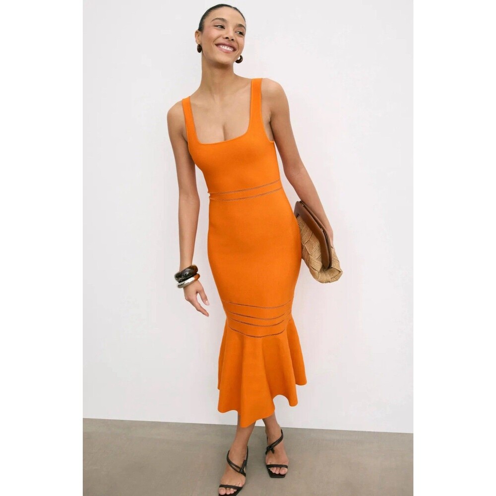 SIMKHAI Louella Ribbed Midi Dress Orange Knit Square Neck Mermaid Hem Size M